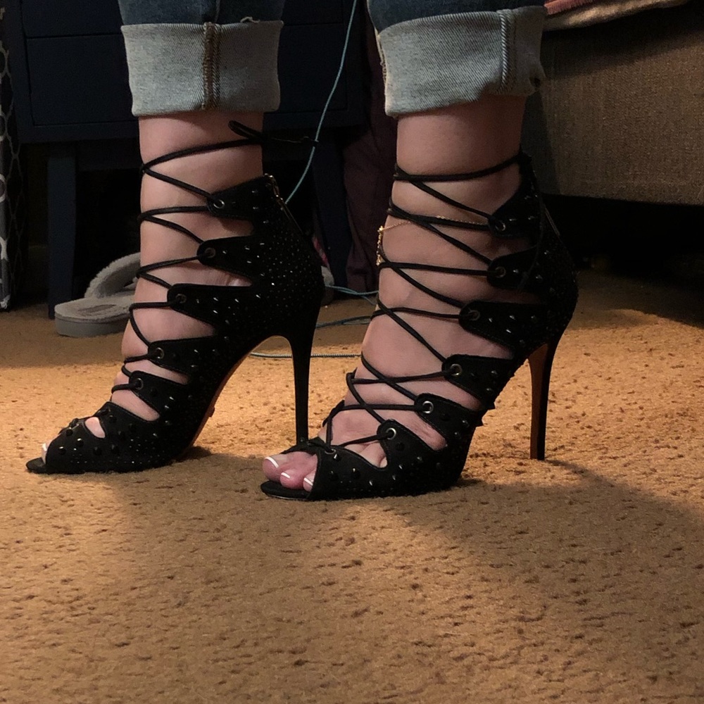 Schutz Suede Lace Up Studded Heeled Sandals, Sz 10 - Picture 1 of 8